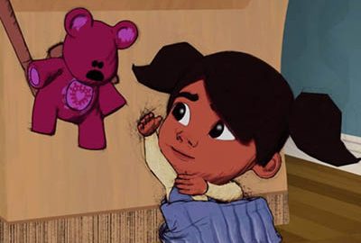 Relief Nursery cartoon image of a girl reaching for a teddy bear
